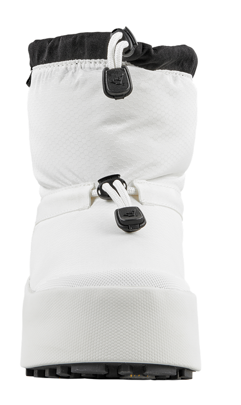 Front view of a white boot with black rubber sole and drawstring closure.