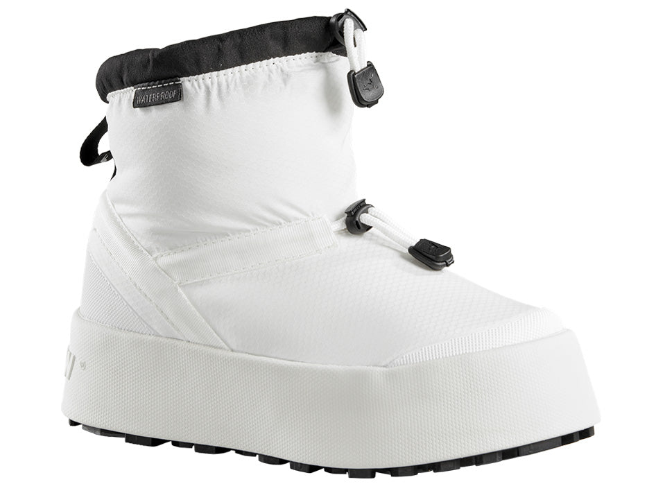 White insulated ankle boot with drawstring and black collar.