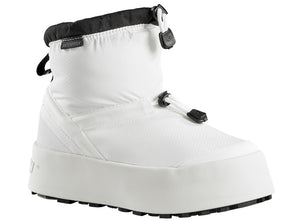 White insulated ankle boot with drawstring and black collar.