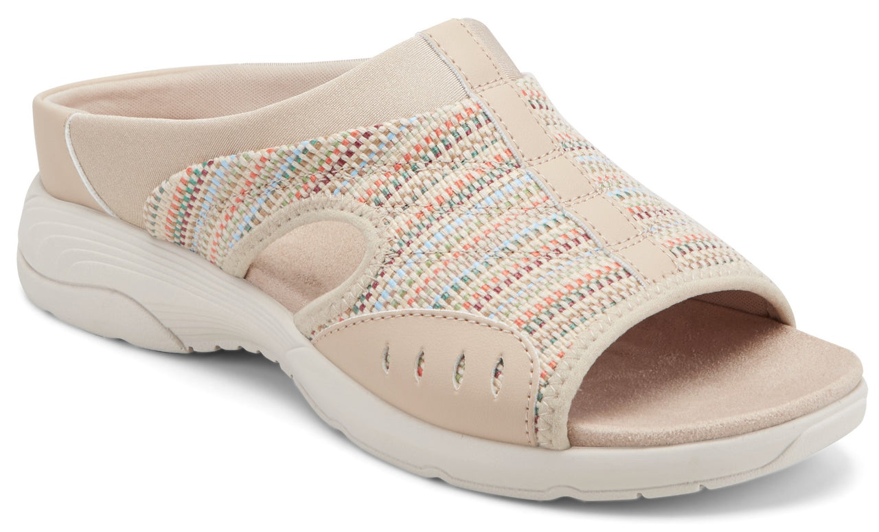 Beige mule sandal with multi-colored woven fabric upper and side cutouts.