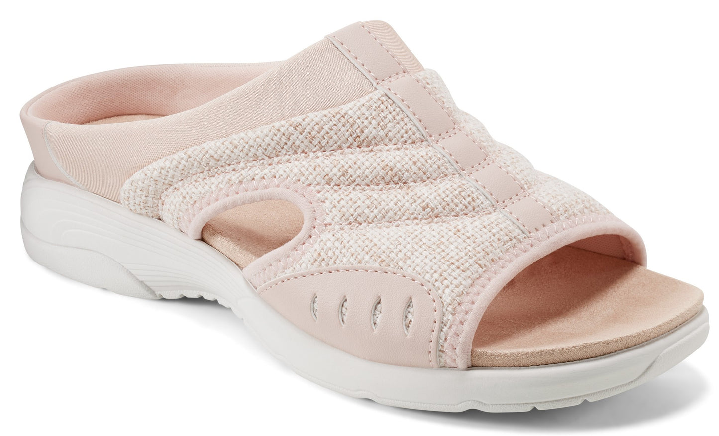 A light pink slide sandal with a textured upper and white sole.