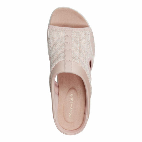 Top-down view of a pink slip-on sandal with a woven textured upper.