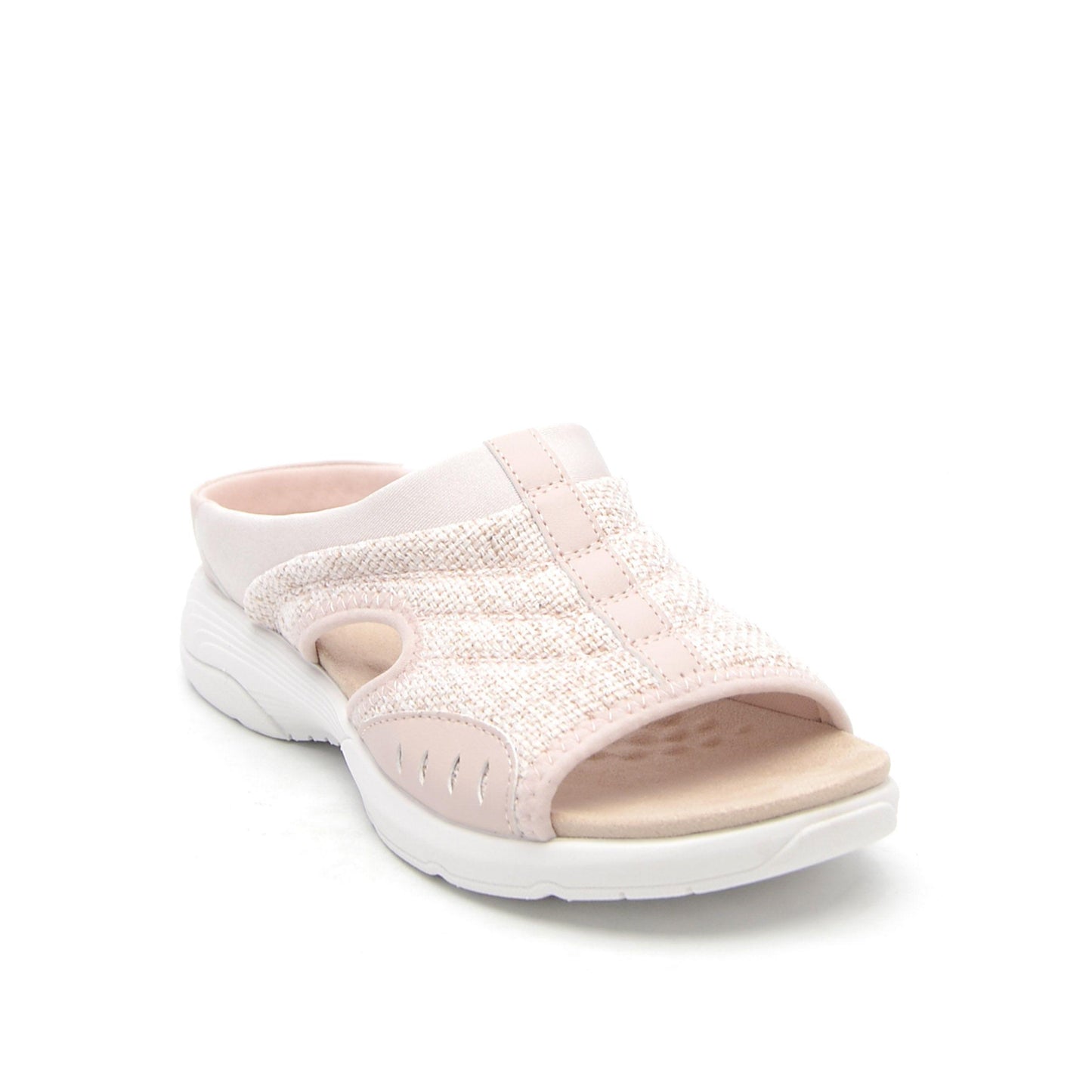 A women's pink slide sandal with textured vamp and white sole.
