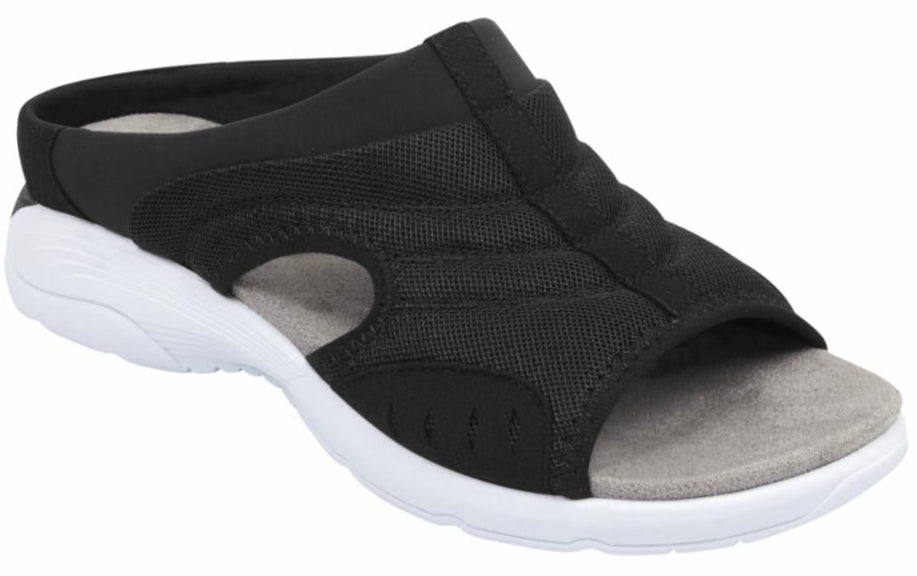 Black mesh slip-on sandal with a white sole.