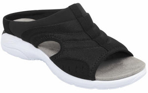 Black mesh slip-on sandal with a white sole.