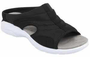 Black open-toed slide sandal with white sole.
