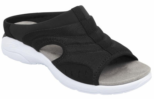Black open-toed slide sandal with white sole.