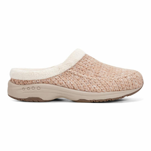 Beige knit clog slipper with faux fur trim and a contoured footbed.