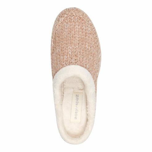 Beige slipper with a white, fuzzy lining and "easy spirit" text on the insole.