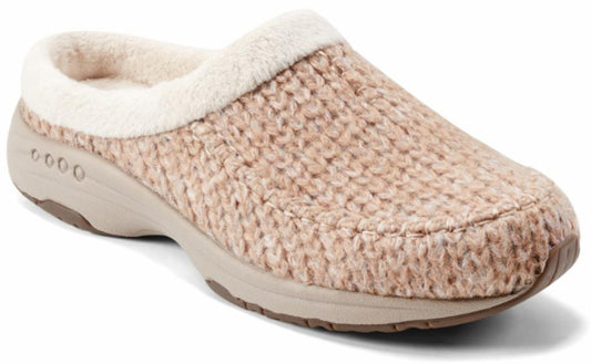 Knitted tan clog slipper with faux fur lining
