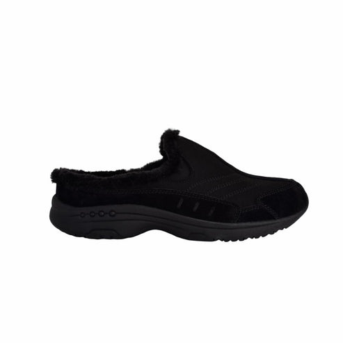 Black slip-on shoe with faux fur lining.