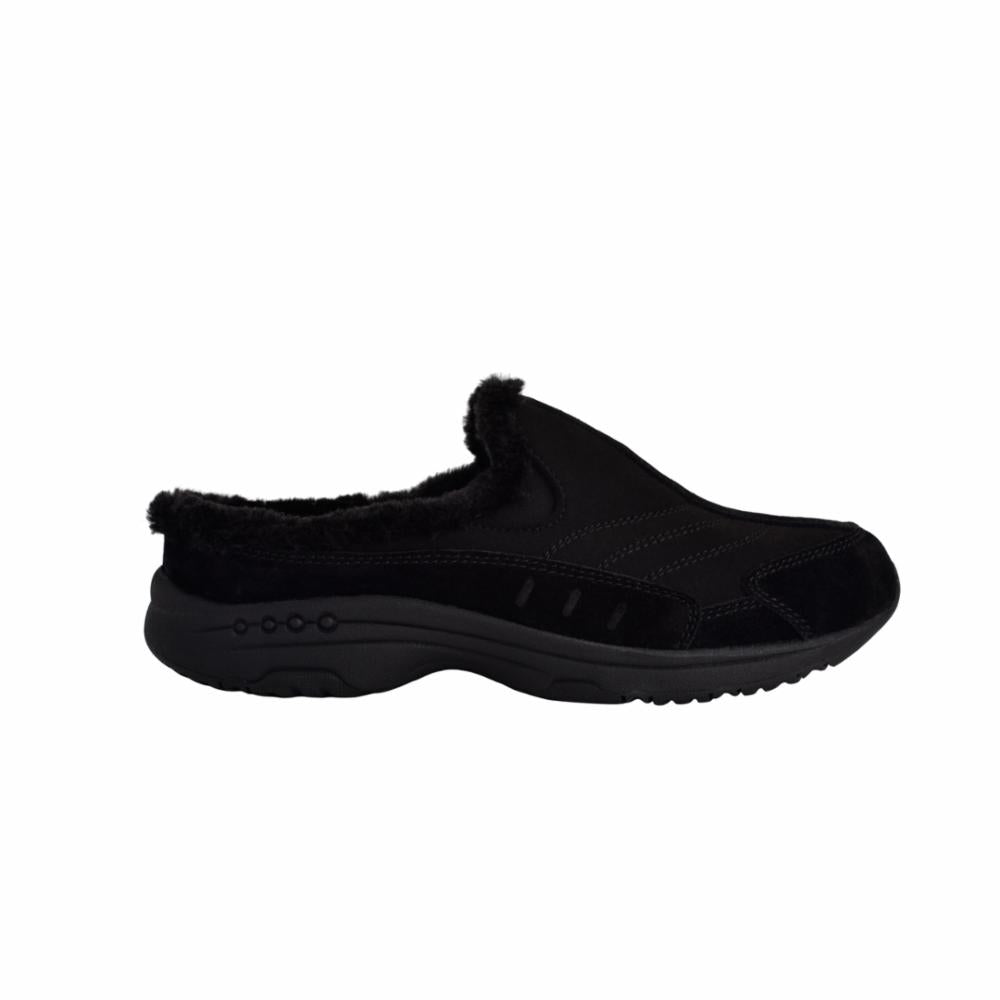 Black slip-on comfort mule with faux fur lining.