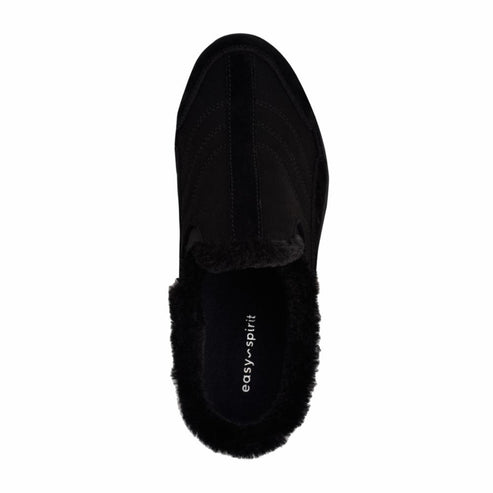 Black slipper with fur lining, with "easy spirit" logo visible.