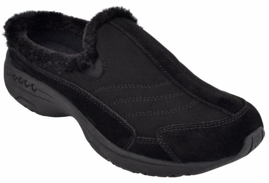 Black slip-on shoe with faux fur trim.
