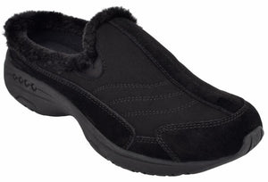 Black slip-on shoe with faux fur trim.