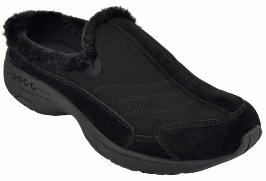 Black slip-on shoe with faux fur trim.