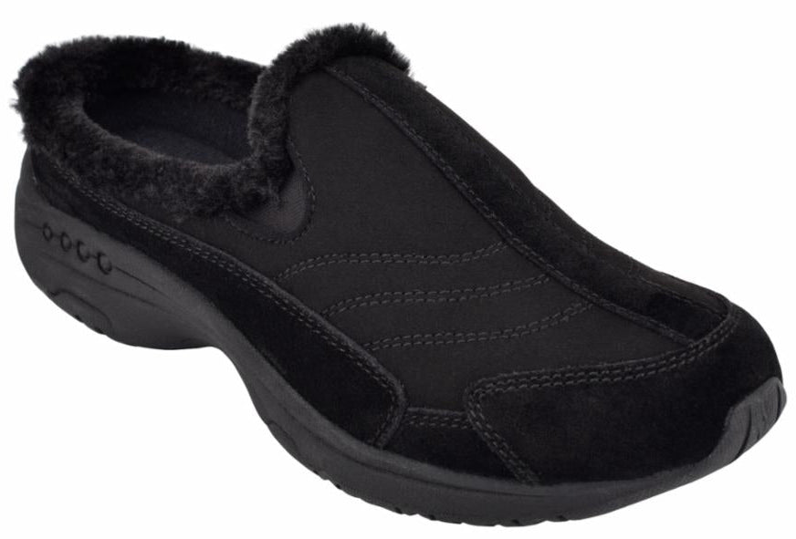 Black slip-on shoe with fur lining.