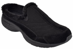 Black slip-on shoe with fur lining.