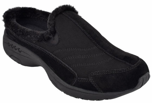 Black slip-on shoe with fur lining.