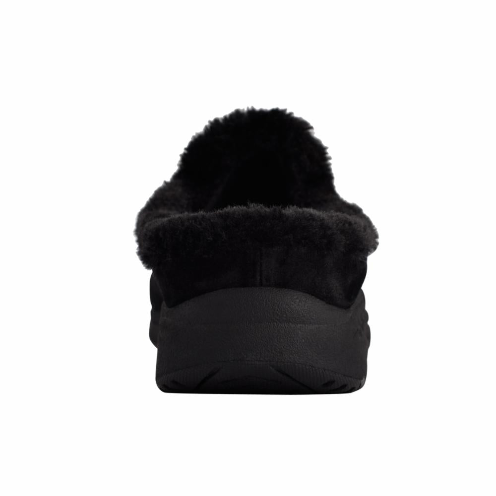 Black slipper with faux fur trim.