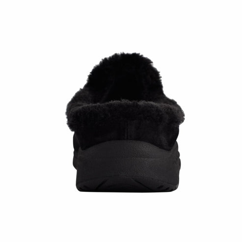 Black slipper with faux fur trim.