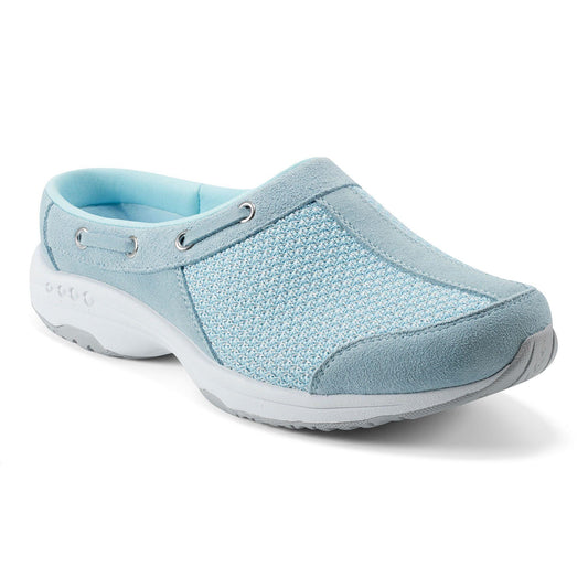 Light blue mule with a white sole and a light blue padded interior.
