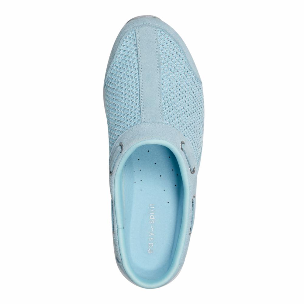 Light blue slip-on shoe with a rounded toe and a mesh upper.