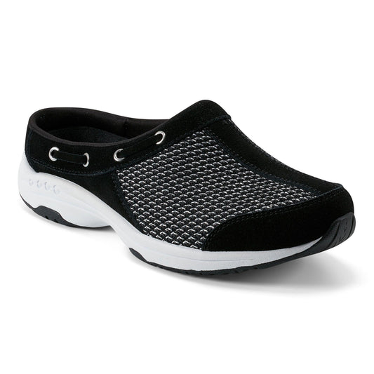 Black mesh clog with white sole and grommets