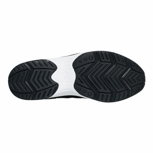 Black athletic shoe sole featuring a white midsole and deep chevron treads.