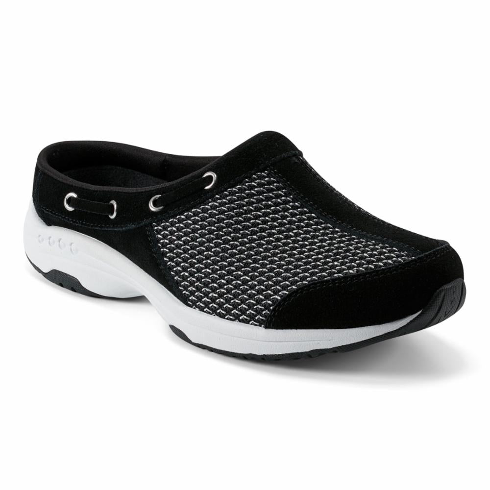Black suede and mesh slip-on shoe with white sole and silver eyelets.