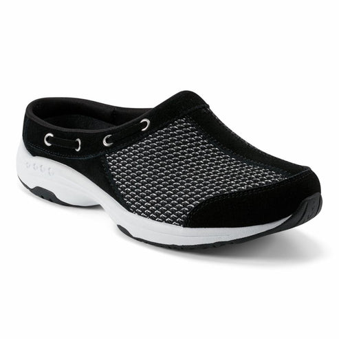 Black suede and mesh slip-on shoe with white sole and silver eyelets.