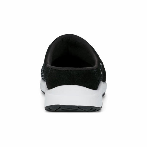 Black clog with white sole, rear view.