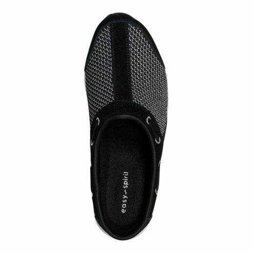Overhead view of a black slip-on shoe with mesh and suede accents. "easy spirit" is printed on the insole.