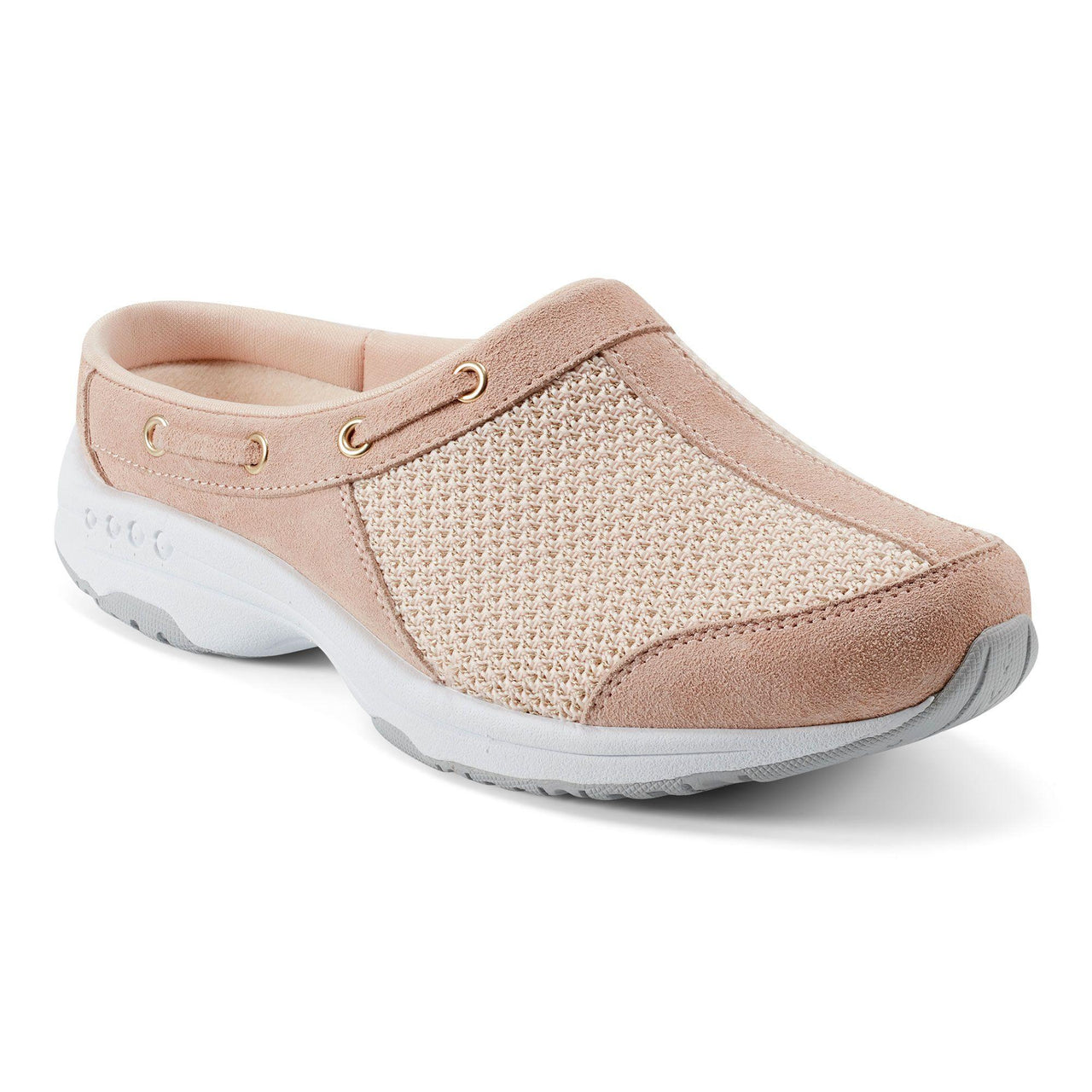 Slip-on pink clog featuring suede trim and rope detail.