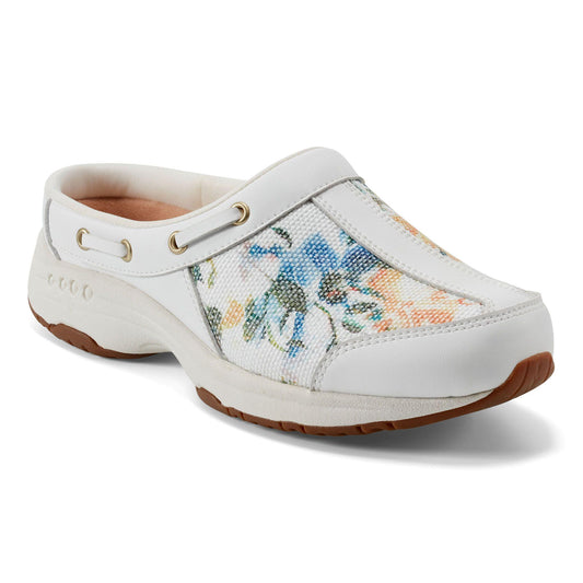 White clog with floral pattern.