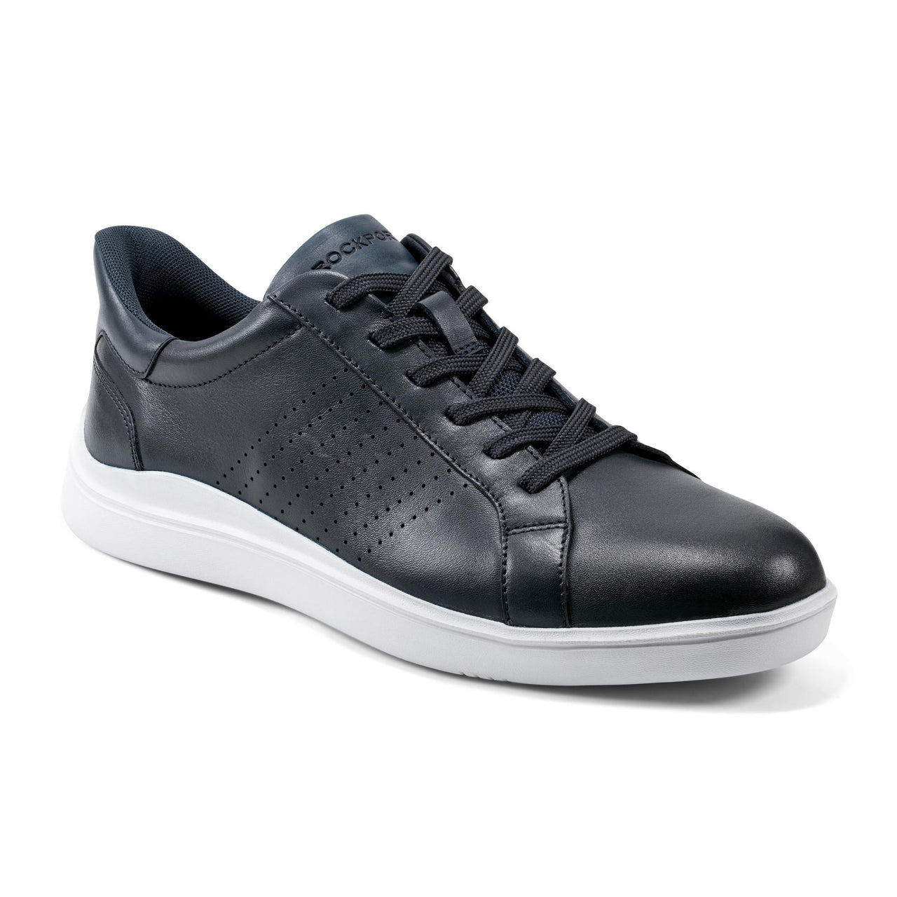 A black leather sneaker with black laces and white sole.