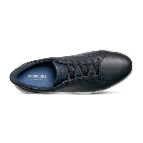 Navy blue leather sneaker with white sole, laces, and Rockport Trutech label inside.