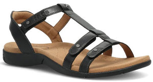 Black leather sandal with multiple straps and adjustable ankle strap.