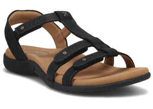 Black sandal with three straps and small rivets.