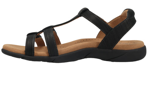 Black sandal with multiple straps and buckle.