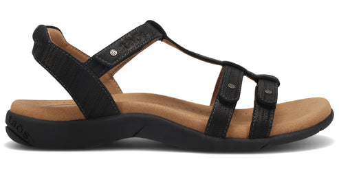 Black sandal with a T-strap and adjustable ankle strap.