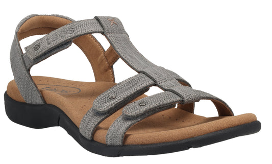 Gray fabric sandal with multiple hook and loop adjustable straps.