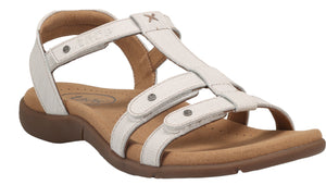 White gladiator sandal with t-strap design and three horizontal straps with silver button accents, tan sole.