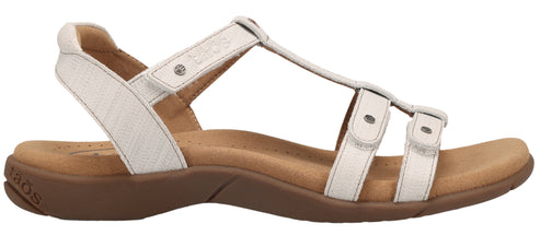 A white sandal with three straps.