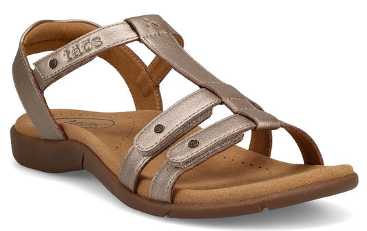 Bronze-colored strappy sandal with three horizontal straps, two of which have silver rivets.