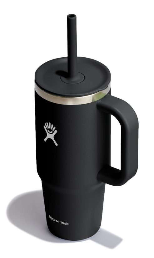 Black insulated tumbler with handle and straw, featuring a white logo and silver rim.