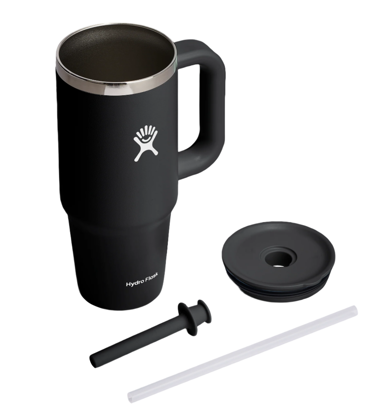 Black insulated mug with handle, lid, and two straws.