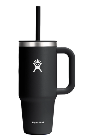 Black stainless steel insulated mug with handle, logo, lid, and straw.
