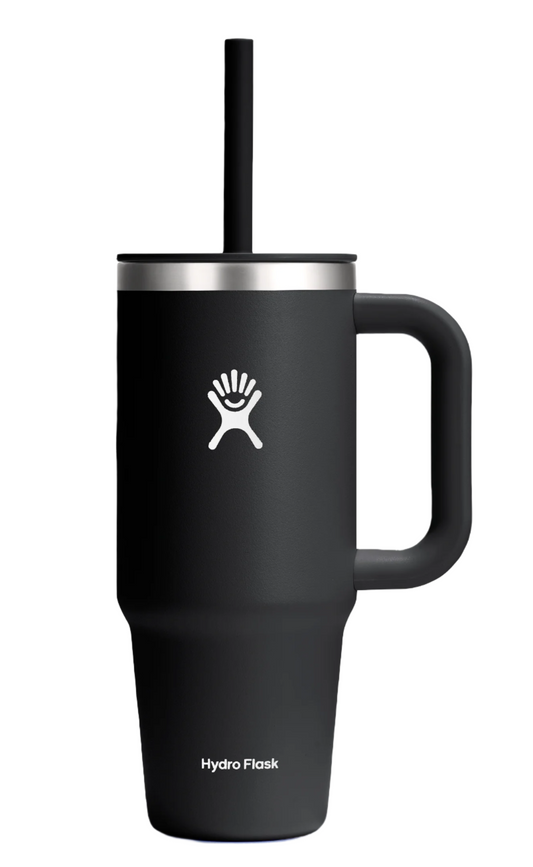 Black stainless steel insulated mug with handle, logo, lid, and straw.