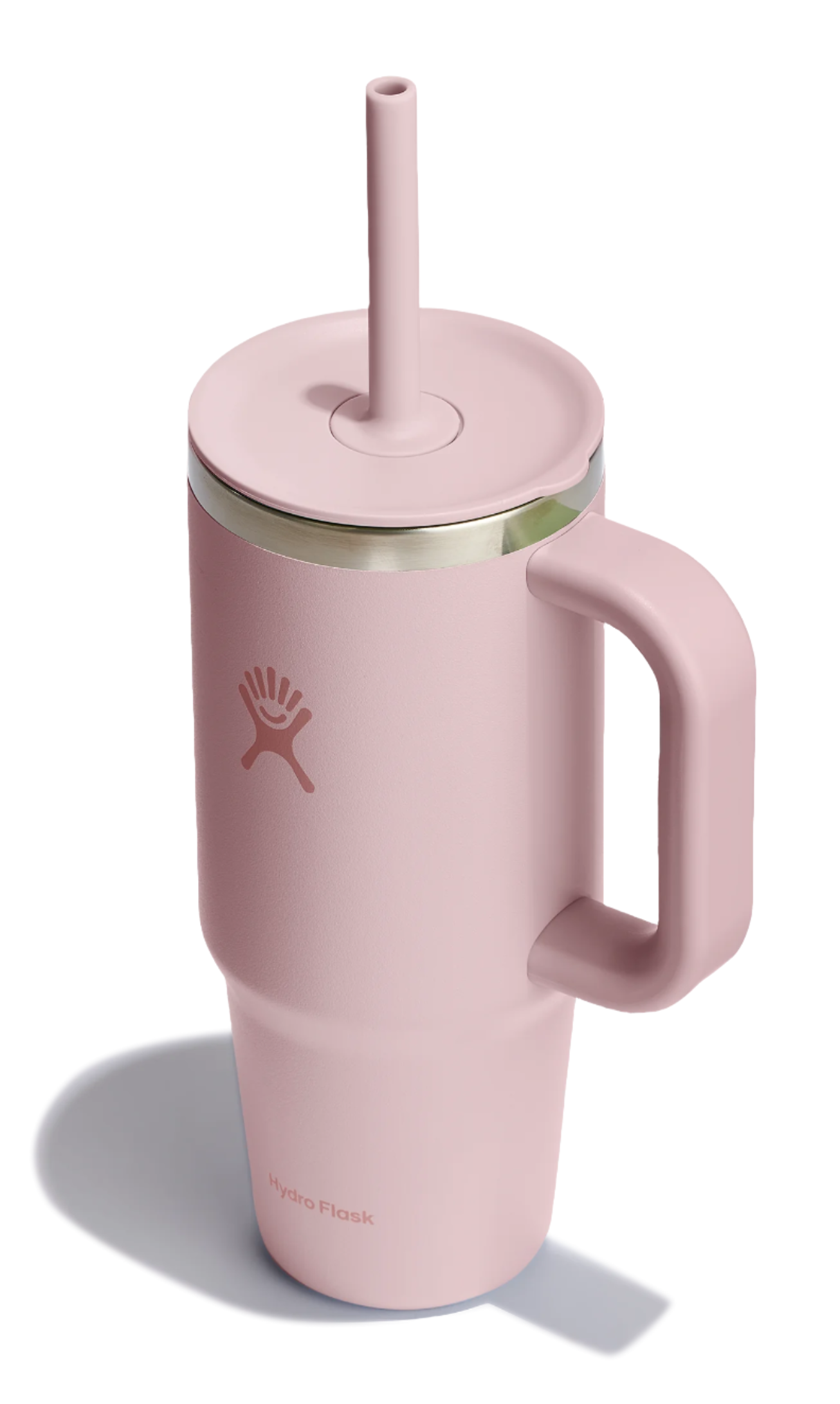 Pink stainless steel tumbler with lid, straw, and handle.